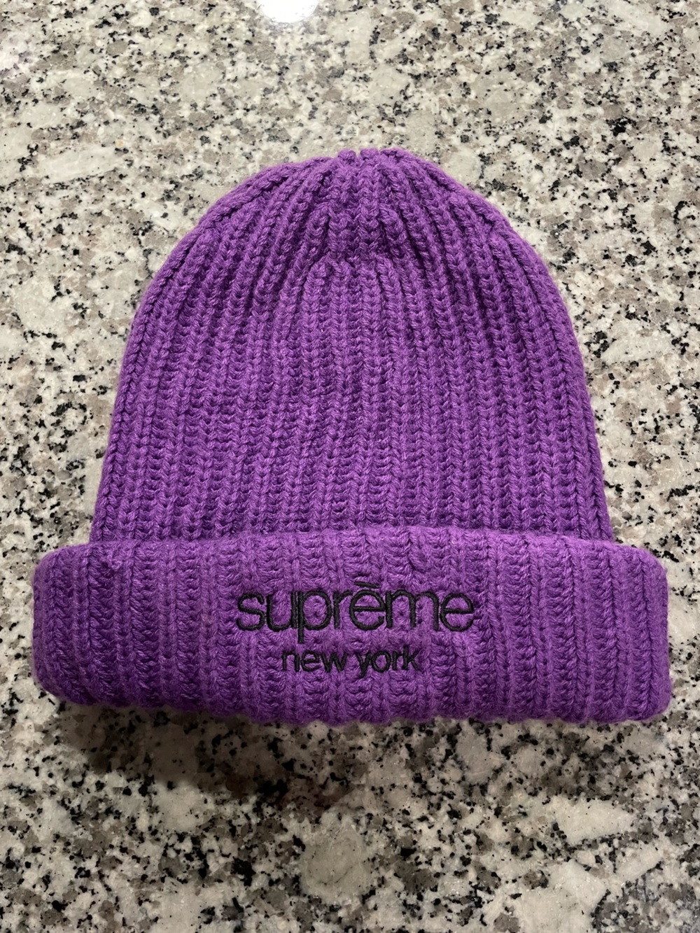Supreme Purple Ribbed Knit Beanie with Red Logo Tag